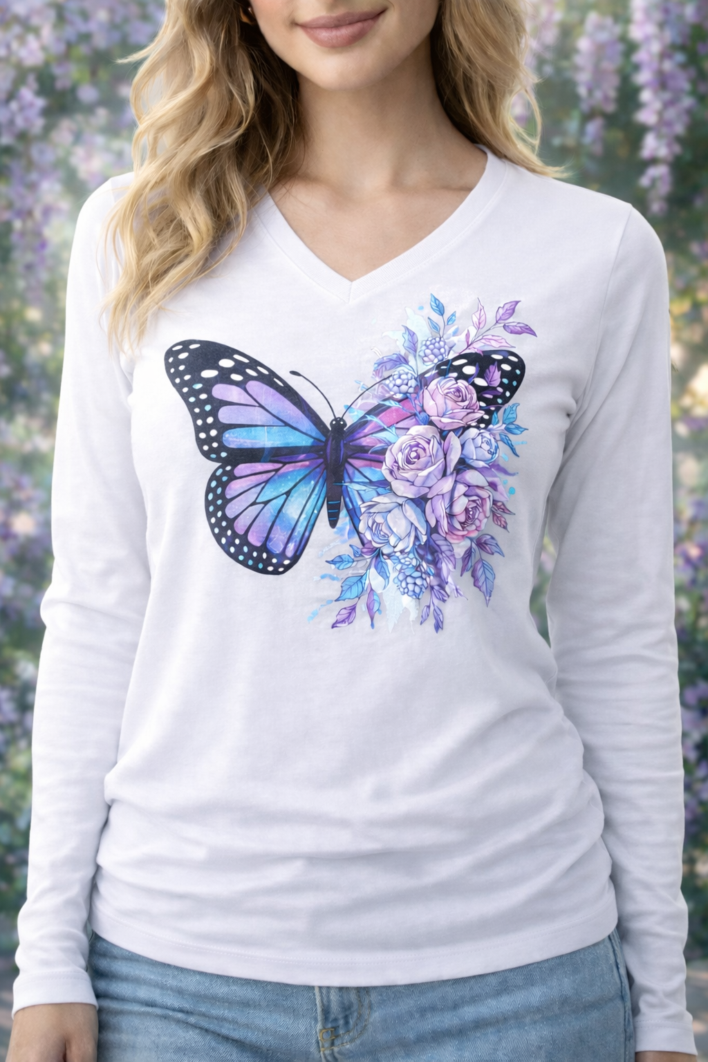 Butterfly Peony Woman's Long Sleeve Shirt
