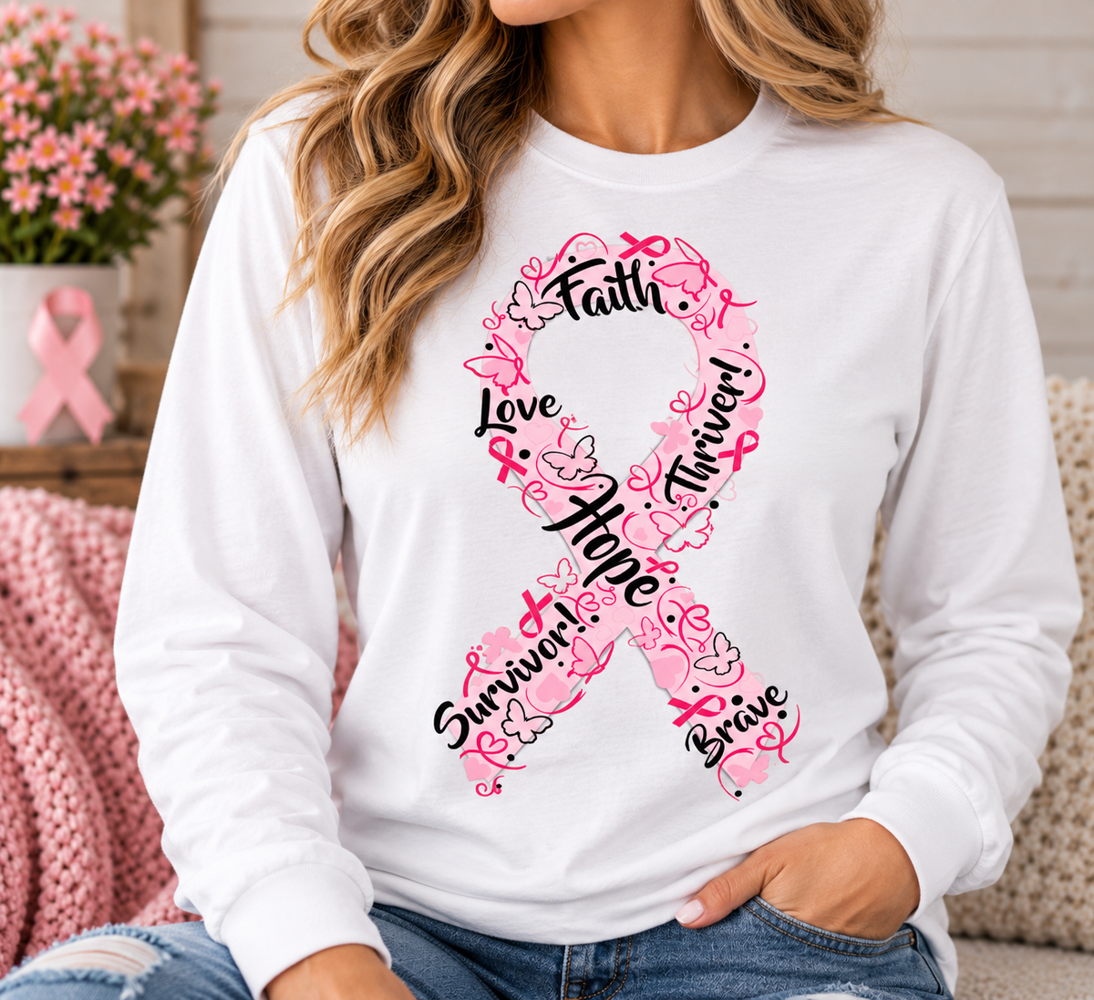 Faith, Love & Hope Breast Cancer Awareness Long-Sleeve T-Shirt