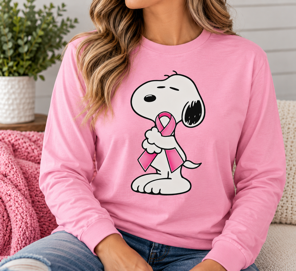 Snoopy with Pink Ribbon Long Sleeve T-shirt